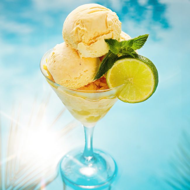 Serviervorschlag selbstgemachtes Vanilleeis in der Eisbar Dessertfotografie